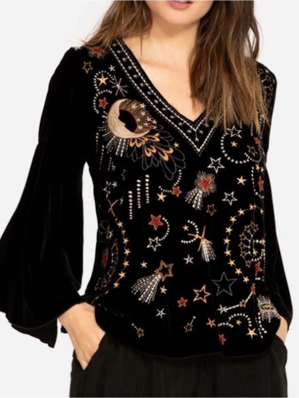 JOHNNY WAS Callisto Velvet Swing Blouse Celestial Embroidered Print XL Black - Picture 16 of 16